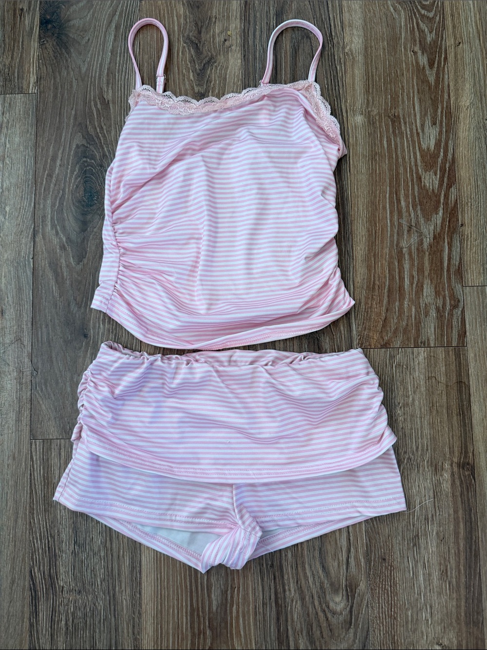 SHEIN Pink Striped Lace-Trim Cami & Shorts Sleep Set